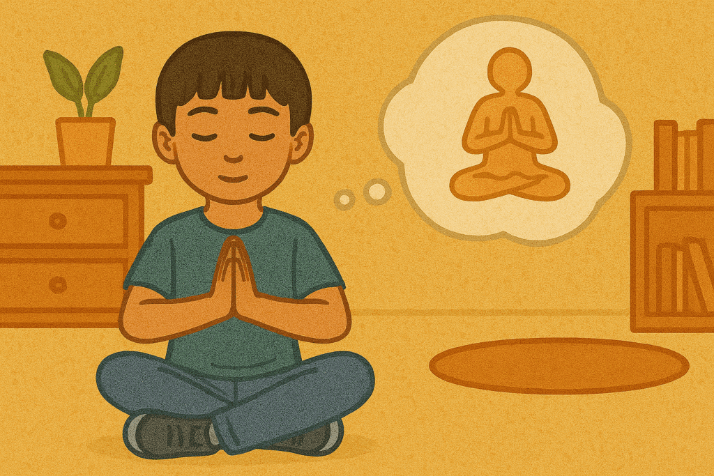 **ALT Text for Image 6**:
*Asian boy sitting cross-legged in a calm indoor setting with a peaceful expression, practicing mindfulness with a mirrored meditative figure in a thought bubble, representing CBT-based emotional grounding techniques for children.*