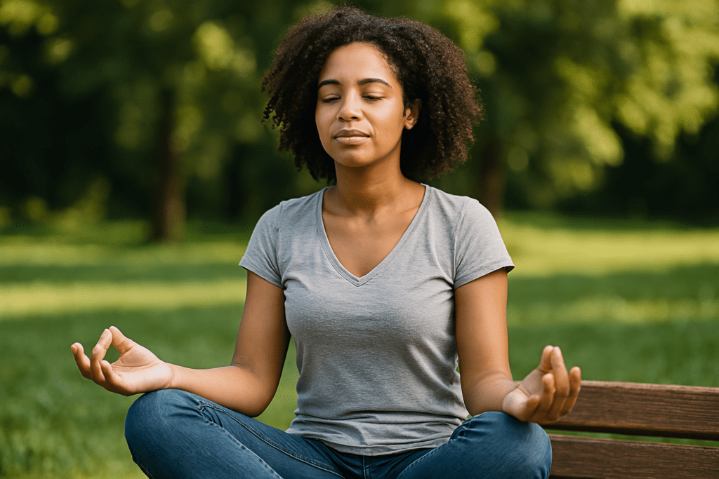 A young Black woman meditating peacefully on a park bench in the sunshine, symbolizing emotional balance and mindfulness as part of self-directed CBT therapy
