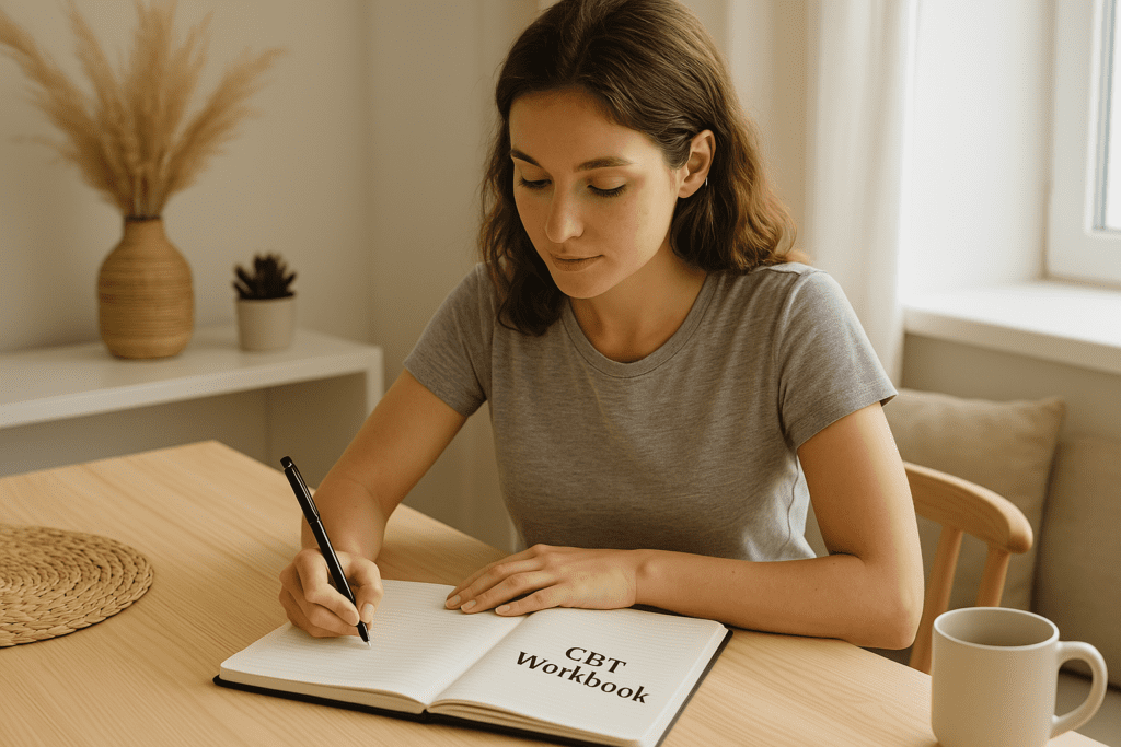 A young woman with shoulder-length brown hair writing in a CBT workbook at a wooden table, surrounded by natural light and calming decor—visually representing self-guided cognitive behavioral therapy for mental wellness.