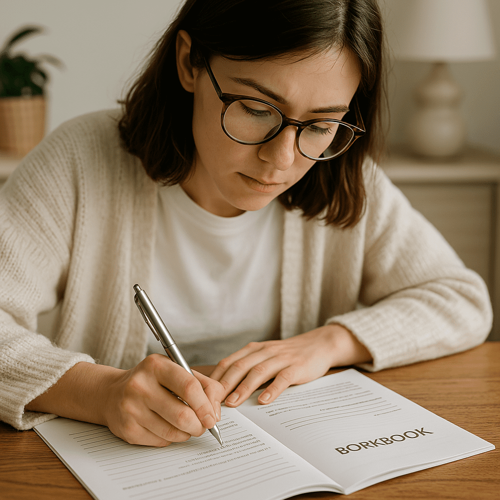 A young woman wearing glasses sits at a sunlit wooden table, thoughtfully filling out a CBT workbook with a pen, surrounded by calm, minimalist decor—capturing a moment of focused self cognitive behavioral therapy practice.