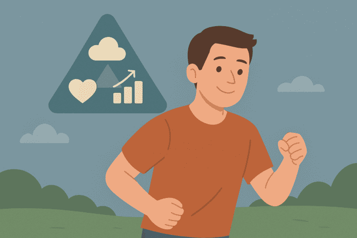 Vibrant digital art of a man jogging under a clear sky with a symbolic triangle floating above, representing the connection between physical activity, mood, and thought patterns