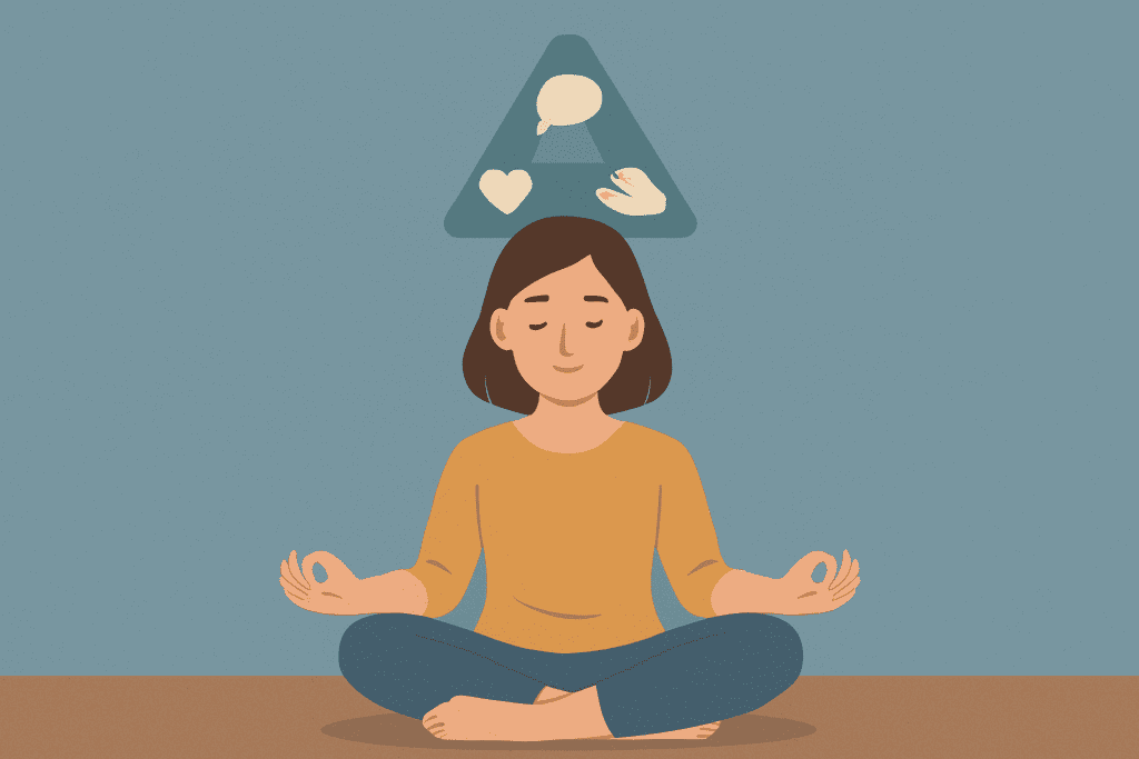 Serene illustration of a woman meditating with a symbolic triangle above her head, depicting inner calm and the CBT triangle’s role in emotional and behavioral regulation.
