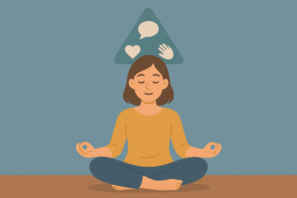 Minimalist digital illustration of a calm woman meditating cross-legged with a symbolic thoughts hovering above her, visually representing mindfulness, emotional balance, and the CBT triangle's role in mental well-being.