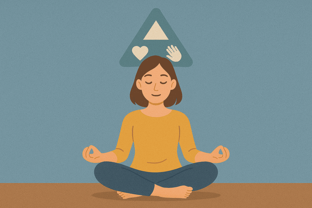 Flat-style illustration of a peaceful woman in meditation pose with a hovering triangle above her head containing icons for thought, emotion, and action—symbolizing the core elements of the CBT triangle and self-awareness through mindfulness.