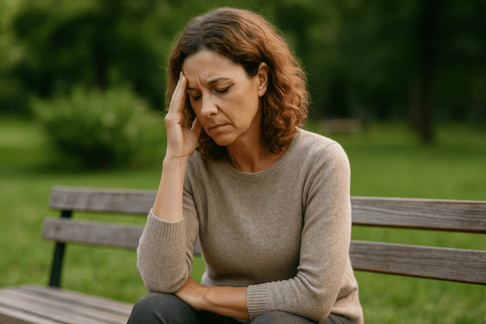 A middle-aged woman sits alone on a wooden park bench surrounded by greenery, her hand resting on her temple in a contemplative pose. Captured in soft morning natural light, the image conveys a serene yet introspective mood, visually representing concerns about long-term brain health and the effectiveness of cognitive supplements like Neuriva.
