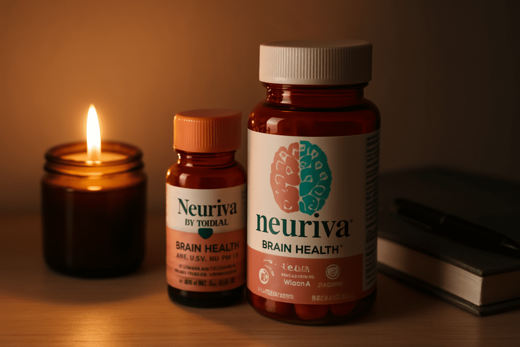 A Neuriva Original brain health supplement bottle sits beside a dark notebook and pen on a light wooden surface, softly illuminated by the glow of a nearby candle. The warm ambient lighting and minimalistic composition evoke a sense of quiet reflection, visually reinforcing themes of cognitive wellness, supplement safety, and the personal decision-making involved in evaluating Neuriva side effects and long-term brain health support.