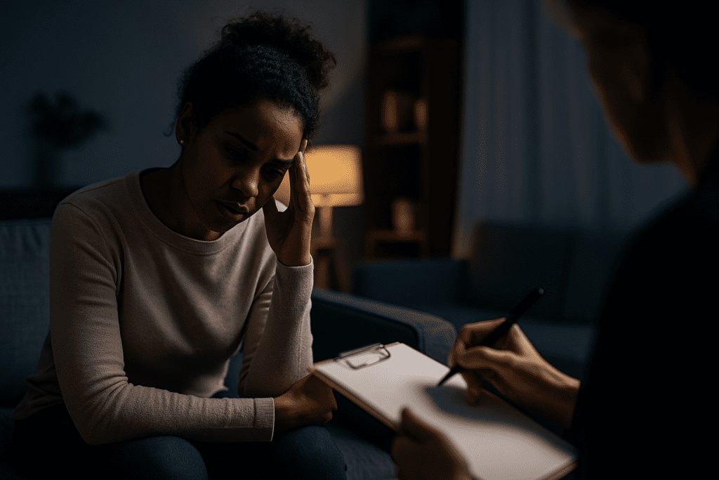 A young African American woman sits on a gray sofa in a warmly lit room during a nighttime therapy session, her posture slightly slouched with one hand resting against her temple in a gesture of concern. The therapist’s hands are seen mid-motion, taking notes on a clipboard, while the soft glow of a lamp and dark bookshelf in the background create an atmosphere of introspection and emotional depth—visually reinforcing themes related to Neuriva brain health reviews, side effects, and the psychological dimensions of evaluating whether Neuriva is safe for long-term cognitive support.