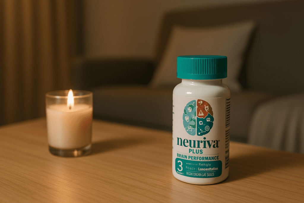 A Neuriva Plus brain performance supplement bottle stands on a light wooden surface beside a softly glowing candle, its turquoise label sharply contrasting with the warm, neutral tones of the room. The scene's evening lighting and uncluttered composition evoke a sense of calm reflection, visually reinforcing the theme of evaluating Neuriva side effects, long-term safety, and personal wellness routines in the context of brain health and cognitive enhancement.