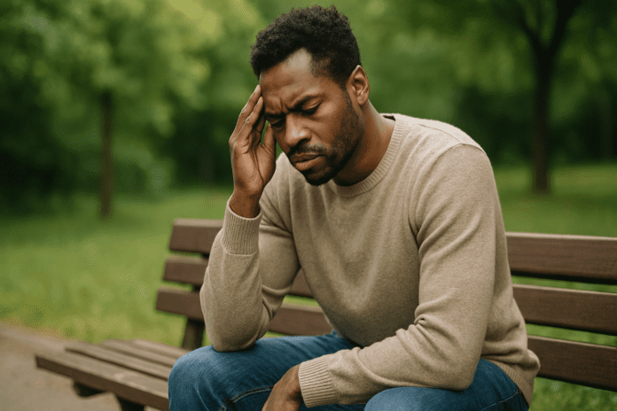 A young African American man sits alone on a park bench surrounded by greenery, his hand pressed to his temple as he stares into the distance with a thoughtful expression. Soft morning light filters through the trees, visually capturing poor concentration in adults and the need for mindful focus strategies.