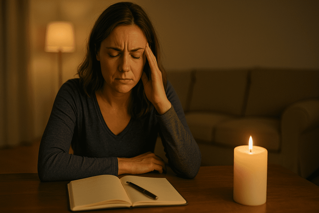 A woman in her thirties sits in a softly lit living room, illuminated by a candle and ambient lamp light, journaling in a notebook with a contemplative gaze. The quiet environment and subdued lighting evoke a mood of introspection and symbolize evidence-based ways to improve focus and mental clarity.