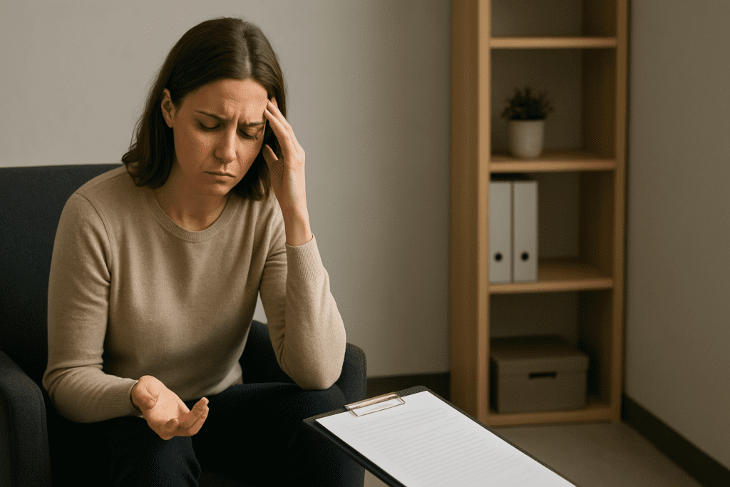 A distressed woman in a beige sweater sits alone in a neutral-toned therapy room, her hand pressed to her forehead as she stares downward. The calm, softly lit environment underscores the emotional and cognitive toll of chronic stress and the importance of mental health support for improving focus.