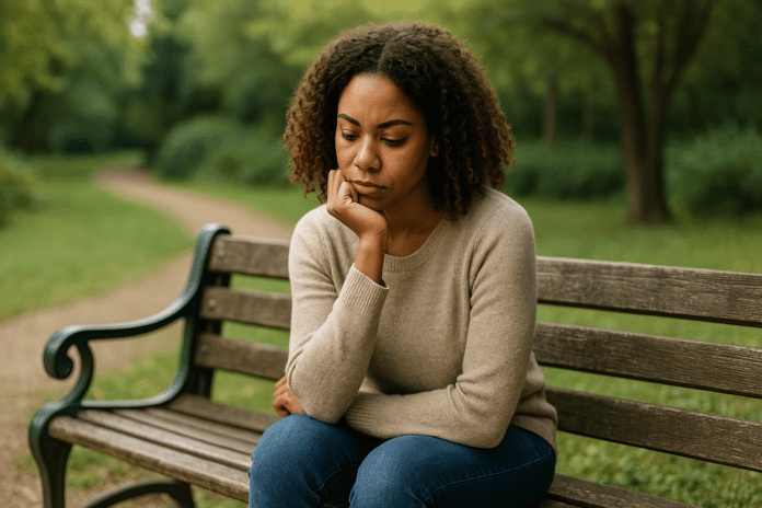 A young African American woman sits alone on a wooden bench in a peaceful park, wearing a cozy sweater and jeans, her expression reflective under soft morning light. This realistic image symbolizes how CBT videos can support mental health by encouraging mindful self-reflection in calming environments.