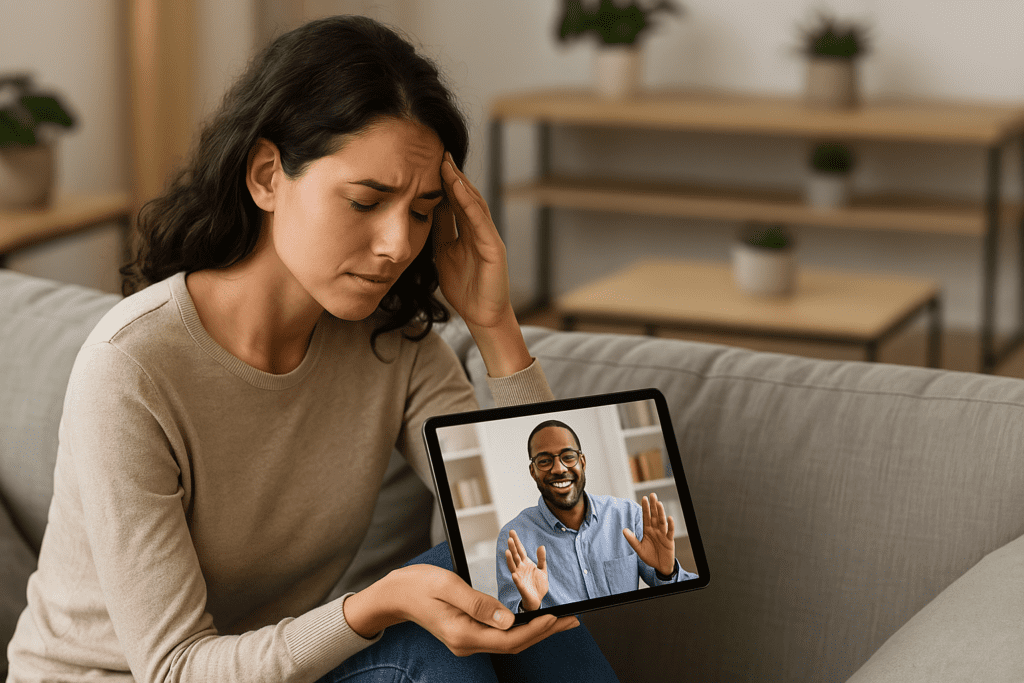 A focused woman watches a CBT video on her tablet while sitting on a sofa in a calm, naturally lit room with minimalist decor and indoor plants, visually representing digital cognitive behavioral therapy for mental health support.