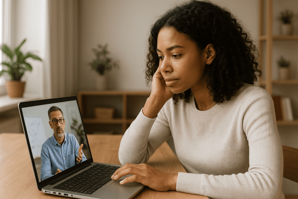 A young African American woman watches a CBT therapy video on her laptop in a sunlit, modern room with plants and books, showing focused engagement with evidence-based mental health support.