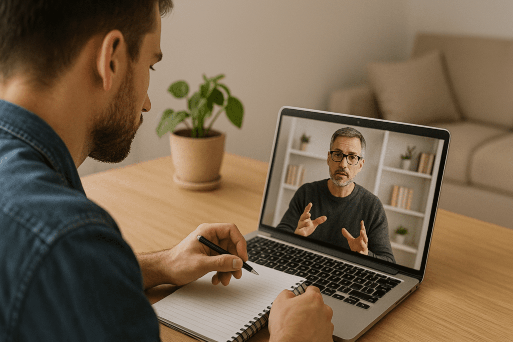 A man in his 30s watches an online CBT session on his laptop while taking notes in a calm, plant-filled room, illustrating how video-based cognitive behavioral therapy supports mental health improvement.