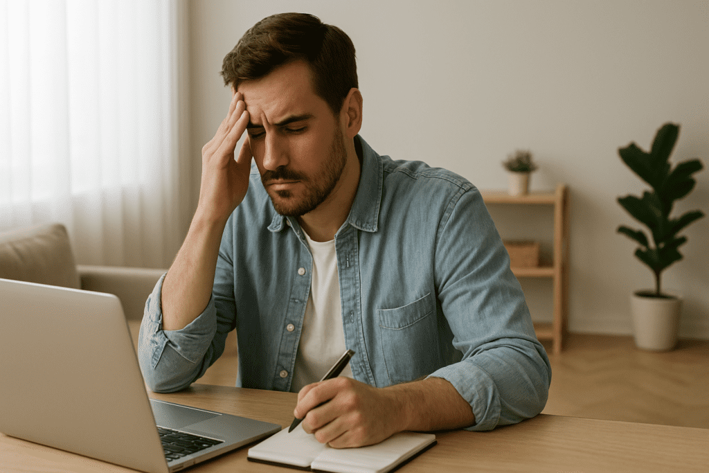 A young Caucasian man in a light denim shirt sits at a minimalist wooden desk, focusing on his laptop as natural light pours in through sheer curtains. Surrounded by soft tones and indoor plants, the peaceful workspace highlights how a calm environment can support better concentration and long-term brain health.