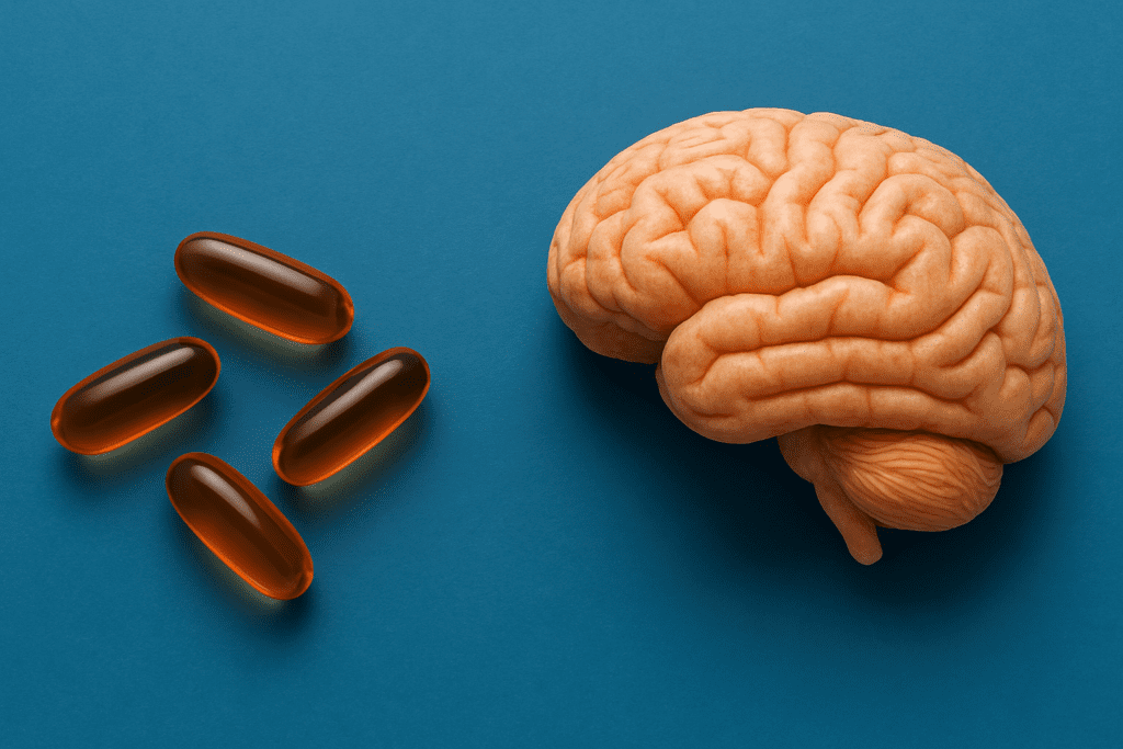 Widescreen digital image of four amber-colored softgel capsules beside a detailed 3D rendering of a human brain on a deep blue background, symbolizing brain-boosting nootropics for memory and longevity.
