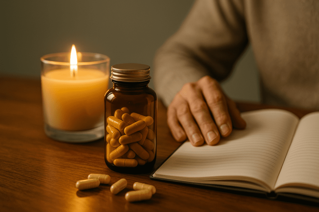 A close-up shot of a hand resting beside an amber bottle of capsules, a notebook, and a glowing candle on a wooden surface. The presence of the human hand adds a personal touch to the theme of focus supplements and intentional wellness in a calm indoor environment.