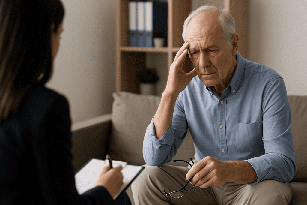 An older Caucasian man sits thoughtfully in a modern therapy office across from a female therapist who is taking notes. The man’s body language and pensive expression suggest a session focused on managing focus, energy, or cognitive wellness, emphasizing themes of brain health and healthy aging.