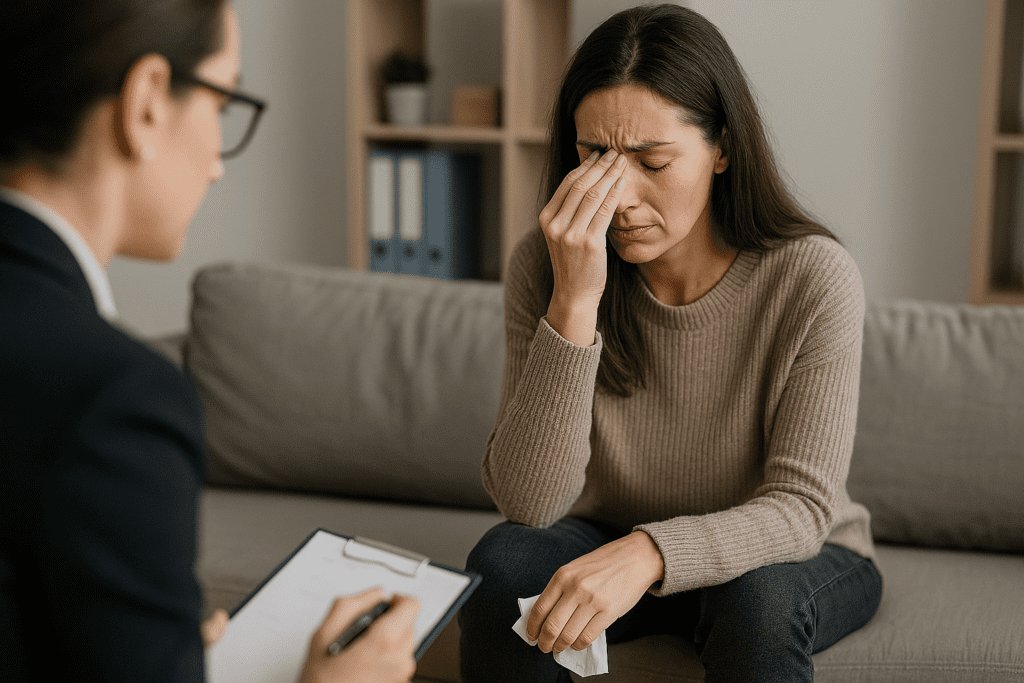A distressed middle-aged woman with dark brown hair covers her face with one hand while speaking to a therapist in a softly lit room. The setting and emotional tone convey themes of mental clarity, emotional stress, and the role of therapy in supporting long-term cognitive health and focus.A distressed middle-aged woman with dark brown hair covers her face with one hand while speaking to a therapist in a softly lit room. The setting and emotional tone convey themes of mental clarity, emotional stress, and the role of therapy in supporting long-term cognitive health and focus.
