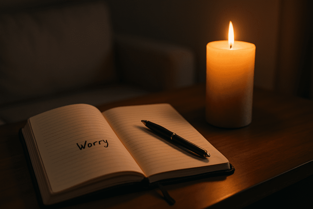 An open journal with the word "Worry" written in dark ink lies beside a softly glowing candle on a wooden surface, bathed in warm ambient light. The symbolic setup reflects the core of cognitive behavioral therapy (CBT), which involves identifying and addressing anxious thoughts in a calming, introspective space.