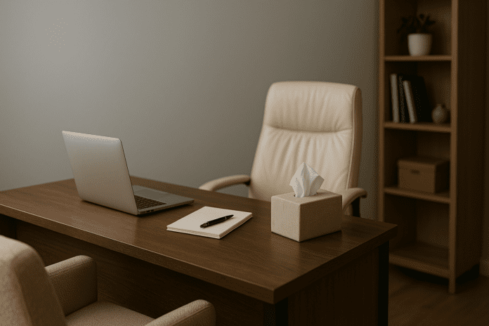 A modern, softly lit therapist’s office features a structured armchair facing a desk with a laptop, tissue box, and notepad — all set against neutral walls and minimal decor. This professional indoor setting clearly represents where CBT therapy sessions commonly take place in a clinical environment.