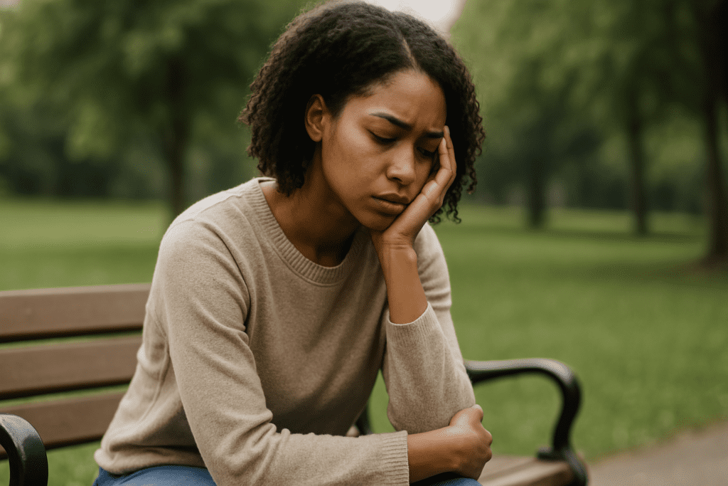 A young African American woman sits quietly on a park bench with eyes closed and hand on her temple, appearing introspective and calm amid soft natural surroundings. Her posture and expression embody CBT’s focus on mindfulness, self-awareness, and managing mental stress through structured thinking.