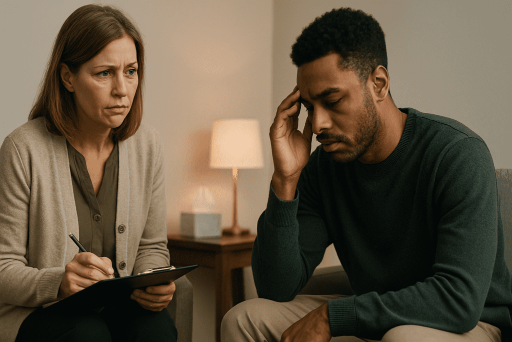 **Image 5:**
A middle-aged female therapist attentively listens to a young African American male client in a warmly lit therapy office, as he sits with a troubled expression, deep in thought. The scene vividly captures a real CBT session in progress, emphasizing the therapeutic relationship and emotional depth central to cognitive behavioral therapy.