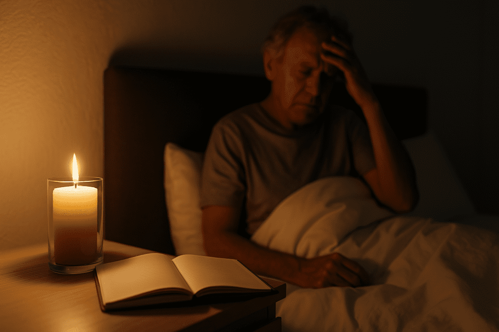A dimly lit bedroom glows with soft candlelight as an elderly person lies awake under a white comforter, a notebook on the nightstand suggesting attempts to manage cognitive changes. This nighttime setting illustrates the sleep difficulties often seen in individuals with dementia.