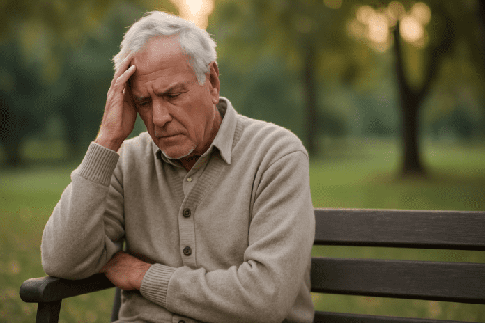 In a softly lit living room, an elderly man with closed eyes leans back on a couch, hand near his head, conveying fatigue and cognitive strain. The scene’s warm ambient light and subdued tones highlight the emotional weight of dementia and its connection to chronic sleeplessness.