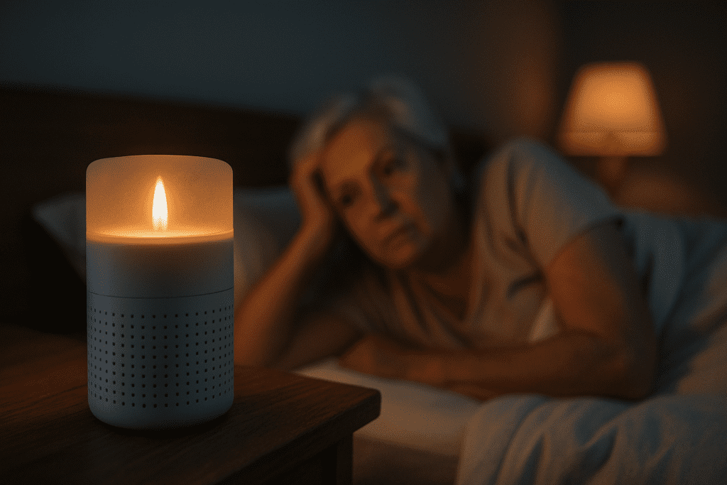 A white cylindrical sleep aid glows softly on a wooden bedside table as an elderly woman gazes toward it from bed, her face marked by unease. The minimal lighting and focused composition suggest the role of sleep aids in easing dementia-related nighttime anxiety and restlessness.
