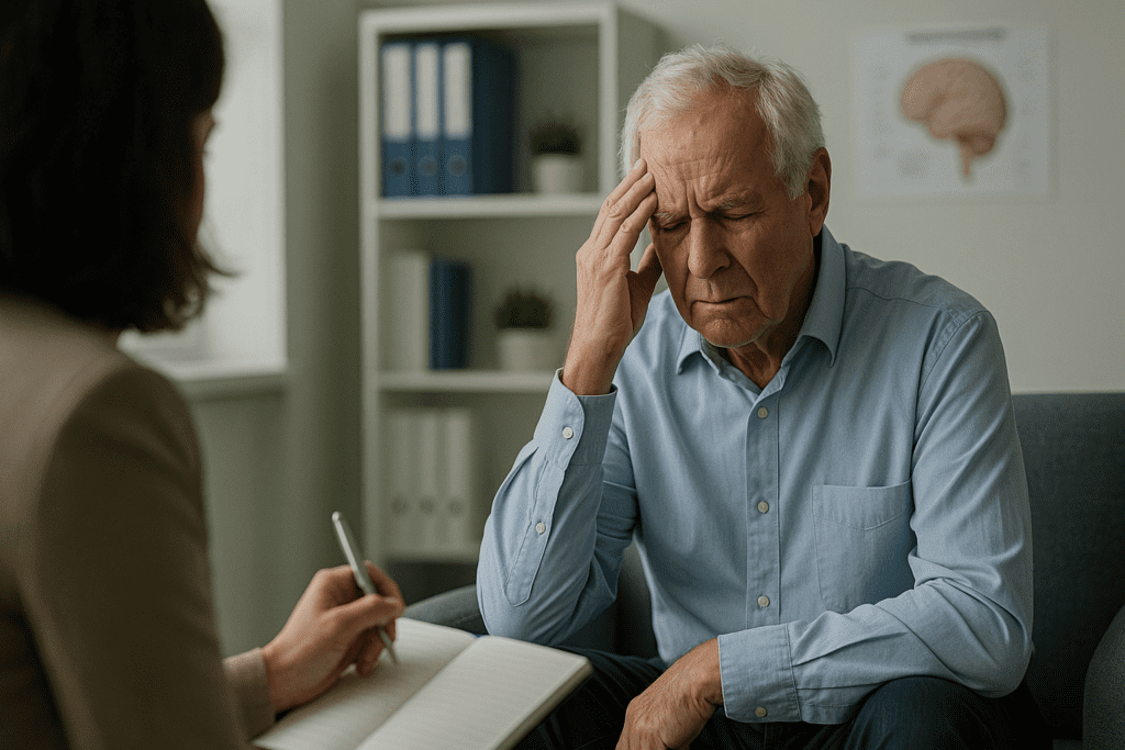 An elderly man with light skin and white hair sits pensively in a clinical office, his hand resting at his temple as he avoids eye contact, signaling cognitive distress. Across from him, a therapist writes notes attentively in a softly lit, minimalist setting that includes a brain anatomy poster and organized shelves, visually reinforcing the connection between dementia and professional support for sleep-related behavioral changes.