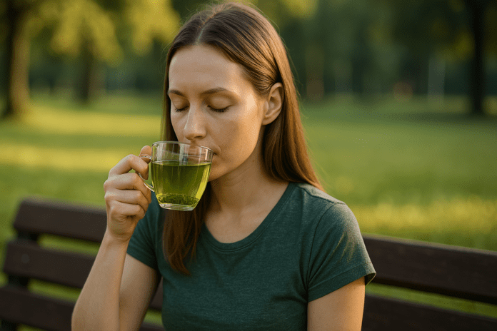 A young woman sits alone on a wooden park bench in the late afternoon sun, gently sipping a cup of green tea. The serene outdoor setting, combined with her calm expression and the warm natural light, visually conveys the cognitive and stress-relieving benefits of teas with theanine, aligning with themes of focus, mental clarity, and the green tea caffeine to L-theanine ratio.