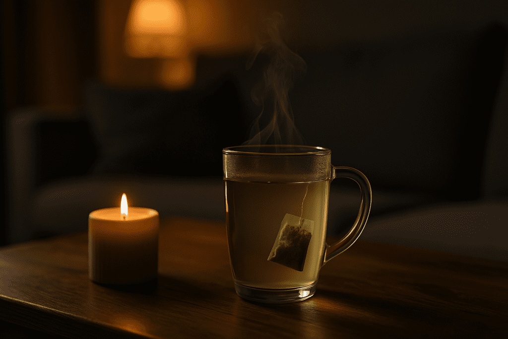 A steaming glass mug of green tea sits beside a softly glowing candle on a wooden table in a dimly lit interior, evoking calm and introspection. The warm ambient lighting and minimal decor visually underscore the relaxing effects of teas with theanine and support the article’s focus on the green tea caffeine to L-theanine ratio for mental clarity and stress reduction.