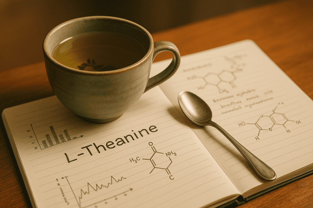A ceramic cup of green tea sits beside a stainless steel teaspoon and an open notebook featuring handwritten notes on L-theanine, all arranged on a wooden surface under warm, natural light. The scene subtly emphasizes the scientific interest in teas with theanine and invites reflection on how the green tea caffeine to L-theanine ratio contributes to cognitive clarity and wellness-focused routines.