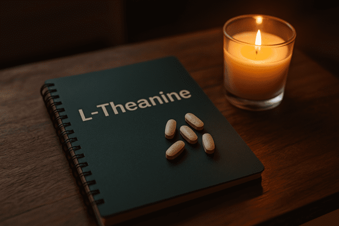 A dark teal notebook labeled “L-Theanine” rests on a polished wooden table beside scattered supplement tablets and a softly glowing candle. The warm ambient lighting and minimalistic setup symbolize the calming, focused atmosphere associated with the best L-theanine supplements for brain health and anxiety support.