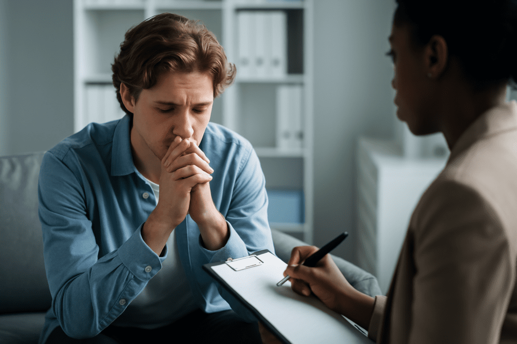 A young man sits in quiet contemplation on a gray couch during a daytime therapy session in a clinical office, eyes closed and hands clasped as he reflects. A therapist holding a clipboard observes attentively from the side, visually reinforcing the role of L-theanine in supporting emotional balance, stress recovery, and cognitive clarity during mental health interventions.