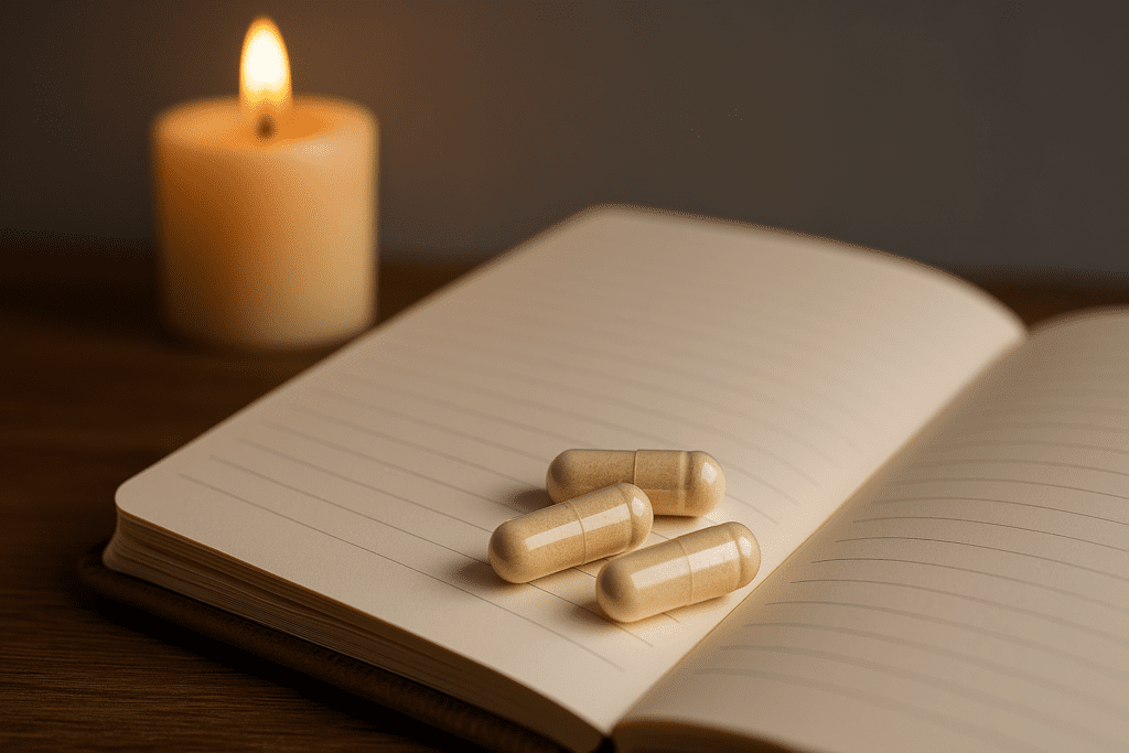Three transparent capsules filled with L-theanine powder rest on the open page of a notebook, illuminated by the soft, golden light of a nearby candle. The clean, minimal setting and calm ambiance visually suggest the focused, calming benefits of L-theanine 400mg for anxiety relief and long-term brain health support.