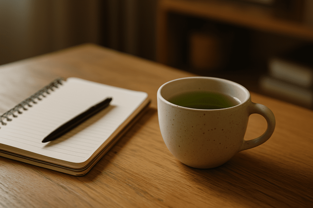 A speckled ceramic cup of green tea rests beside a spiral-bound notebook on a smooth wooden table, illuminated by warm natural light that evokes a sense of calm and focus. This minimalist composition subtly reinforces the connection between reflective routines, teas with theanine, and the role of the green tea caffeine to L-theanine ratio in enhancing cognitive clarity and intentional daily practices.