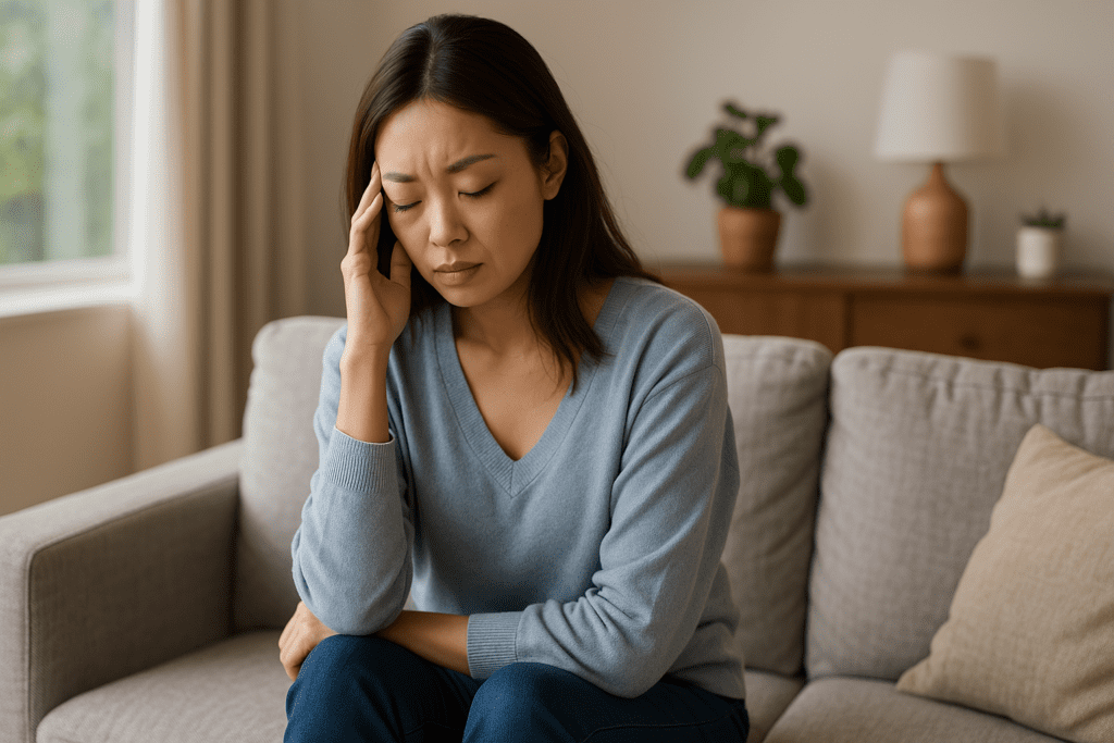 A young Asian woman sits quietly on a light gray sofa in a softly sunlit living room, her posture and introspective gaze reflecting a moment of calm self-awareness. The serene home environment and thoughtful expression visually underscore the daily benefits of L-theanine for cognitive support, emotional balance, and anxiety relief in a natural, residential setting.