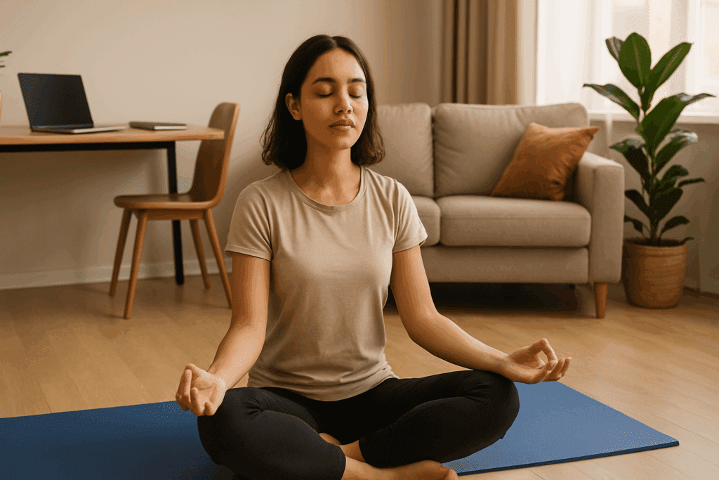 Woman practicing a two-minute meditation in a cozy home office, sitting cross-legged on a yoga mat near a desk and sofa.