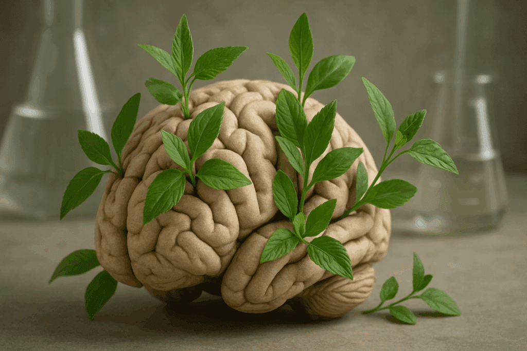 Detailed three-dimensional brain model with herbal leaves growing through it, symbolizing the integration of natural remedies for mental health. The image represents the concept of the Best Herbs for ADHD, with lush green leaves intertwined in the brain's grooves.