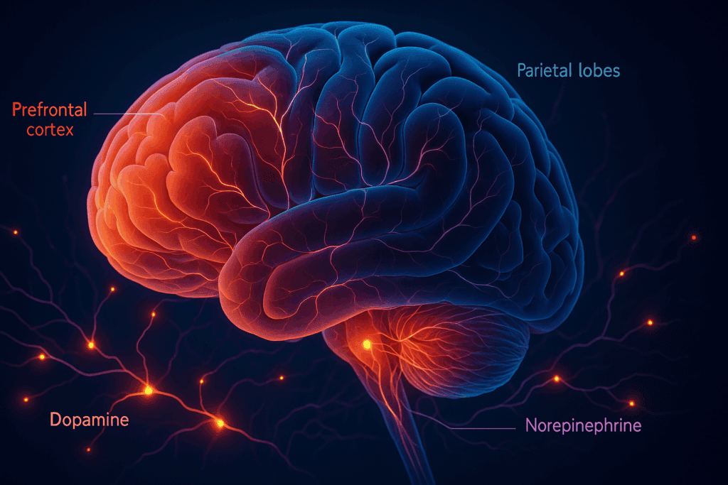 Detailed 3D visual representation of the human brain highlighting key areas like the prefrontal cortex, parietal lobes, and thalamus, with glowing neural pathways for dopamine and norepinephrine. The image illustrates how neural networks work to Improve My Attention Span by showcasing dynamic brain activity.