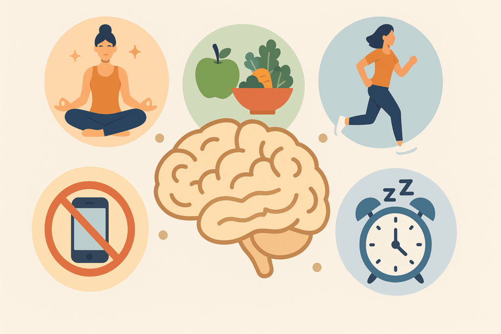 Infographic illustrating science-backed strategies to improve attention span: meditation, healthy diet, exercise, sleep, and reducing distractions, arranged around a central brain icon.