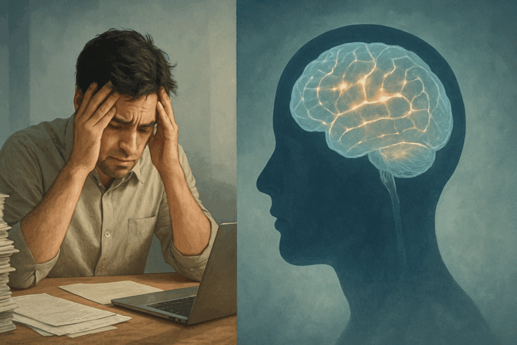 Adult feeling overwhelmed at a desk while a serene brain scan overlay highlights the contrast between perceived stress and underlying brain issues, reflecting the effects of lack of focus in adults