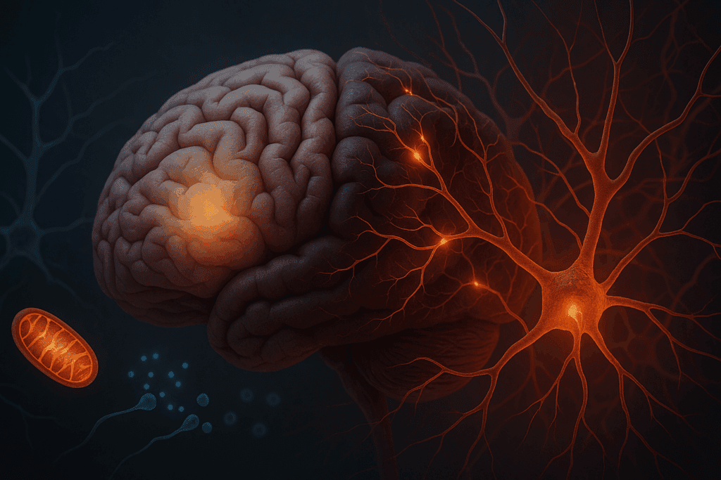 Conceptual illustration of a fatigued brain with fading light in the prefrontal cortex, contrasted with energetic neuron activity, showcasing mitochondria and neurotransmitter visuals, emphasizing biological processes related to energy and focus. Ideal for those exploring the best energy and focus supplements."