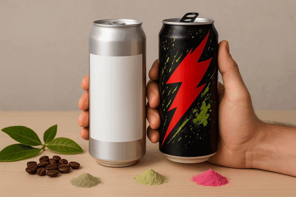 Hand holding two Focus Energy Drink cans—one with a clean design, the other bold and chaotic—surrounded by caffeine beans, L-theanine leaves, and colorful supplement powders.