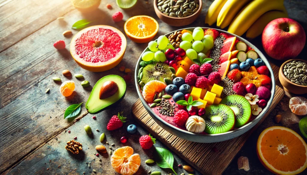 A vibrant smoothie bowl filled with fresh fruits, nuts, and seeds, placed on a wooden table with natural lighting. The bright and nutritious ingredients highlight the importance of a balanced diet and healthy eating habits for overall well-being.