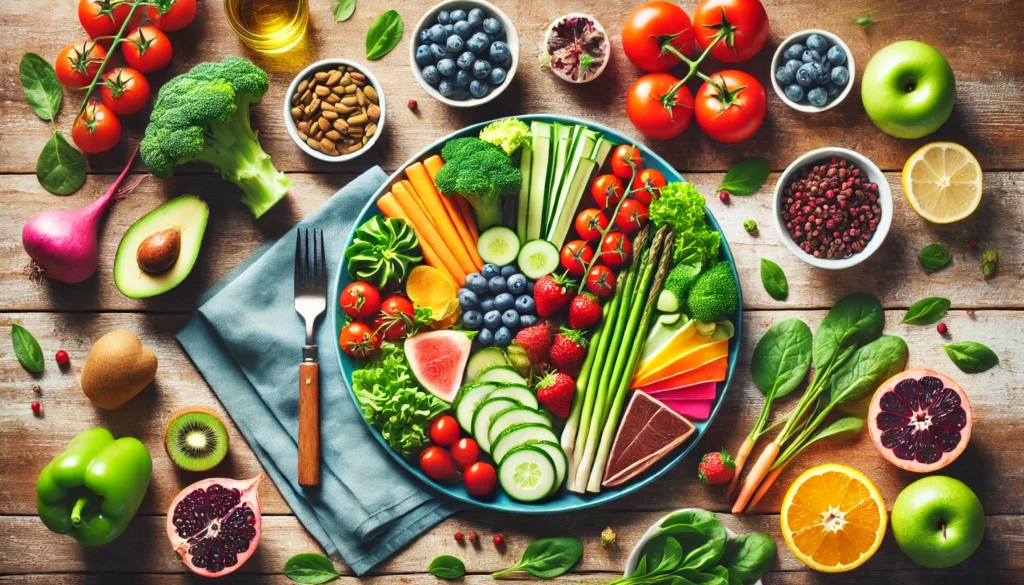 A top-down view of a beautifully arranged plate filled with fresh fruits, vegetables, and lean proteins on a wooden table. The vibrant colors and balanced portions symbolize mindful eating and a nutritious diet, promoting overall health and well-being.