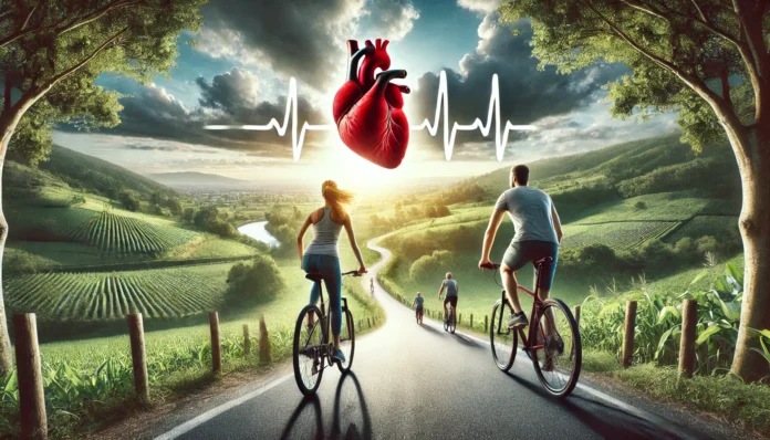 A couple cycling along a scenic countryside road, surrounded by lush greenery and open skies. The image captures movement, joy, and outdoor exercise, symbolizing physical activity as a key component of cardiovascular health.